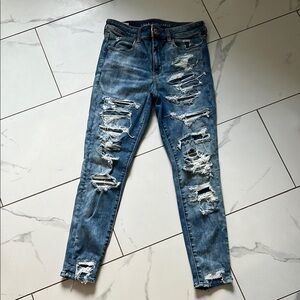 American Eagle Outfitters Blue Skinny Jeans with Distressed Details